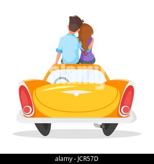Vector cartoon style illustration de couple d'amoureux assis sur la voiture d'époque. Isolé sur fond blanc. Illustration de Vecteur