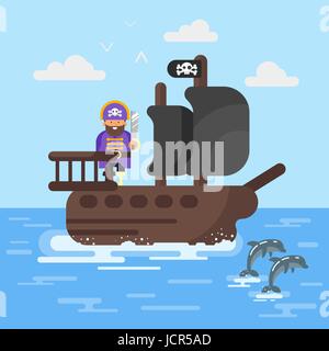 Télévision vecteur illustration de style bateau de pirate avec des dauphins. Pour l'icône web. Illustration de Vecteur