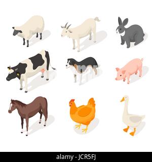 3D isométrique vector set animaux de la ferme. Vue de face. Pour l'icône web. Isolé sur fond blanc. Illustration de Vecteur