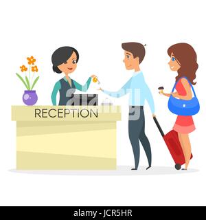 Vector cartoon style illustration de réception de l'hôtel. Belle femme donne une touche pour l'invité. Isolé sur fond blanc. Illustration de Vecteur