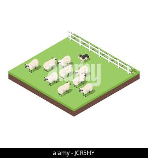 Vector illustration 3D isométrique des animaux de ferme. Un chien berger les moutons. Pour l'icône web. Isolé sur fond blanc. Illustration de Vecteur