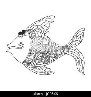 La main zentagle monochrome vecteur illustration de mignons petits poissons. Coloriage avec détails haute isolé sur fond blanc. Illustration de Vecteur