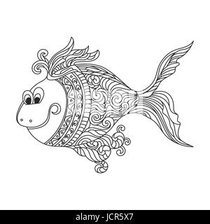 La main zentagle monochrome vecteur illustration de mignons petits poissons. Coloriage avec détails haute isolé sur fond blanc. Illustration de Vecteur