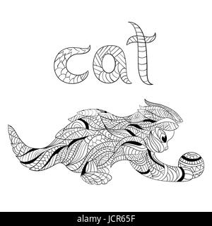 La main zentagle monochrome vecteur illustration de chat. Coloriage avec détails haute isolé sur fond blanc. Style Boho. Chat jouant avec Illustration de Vecteur