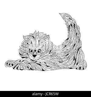 La main zentagle monochrome vecteur illustration de chat. Coloriage avec détails haute isolé sur fond blanc. Style Boho. Design pour T-shir Illustration de Vecteur