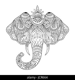 La main zentagle monochrome vecteur illustration une tête d'éléphant. Coloriage avec détails haute isolé sur fond blanc. Illustration de Vecteur