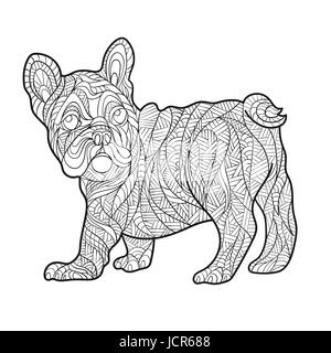 La main zentagle monochrome vecteur illustration de bouledogue français. Coloriage avec détails haute isolé sur fond blanc. Style Boho. Design Illustration de Vecteur