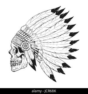 Vector illustration monochrome de crâne stylisé portant des native American war bonnet. Design pour un T-shirt ou un poster. Illustration de Vecteur