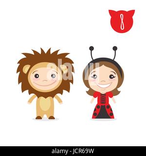 Vector illustration de deux enfants mignons heureux caractères. Garçon en costume de lion et une fille en costume de coccinelle. Illustration de Vecteur