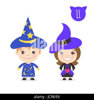 Vector illustration de deux enfants mignons heureux caractères. Garçon en costume de magicien et une fille en costume. Illustration de Vecteur