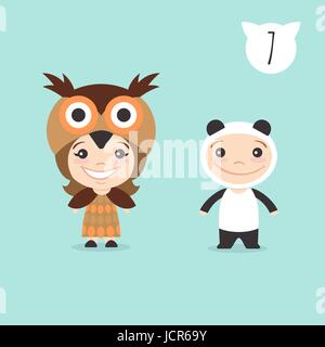 Vector illustration de deux enfants mignons heureux caractères. Garçon à panda costume et une fille en costume d'Owl. Illustration de Vecteur