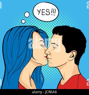 Vector illustration du Pop Art Kissing Couple. Bulle avec le mot 'oui' en elle. Style rétro. Illustration de Vecteur