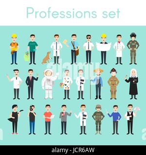 Vector set de différentes professions. homme coloré Cartoon caractères des hommes. Médecin, bénévole, vétérinaire, pompier, garçon, juge, programmeur, artiste, pilo Illustration de Vecteur