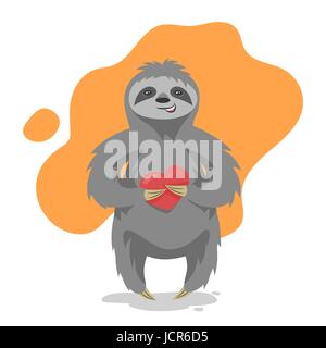 Vector illustration de l'amour heureux mignon sloth avec cœur dans sa main. Impression vecteur pour t-shirt ou d'affiches. Illustration de Vecteur