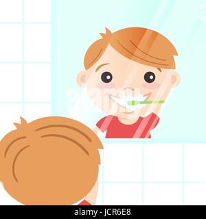 Vector illustration of cute boy nettoyer les dents avec du dentifrice et brosse à dents. Le brossage des dents. Illustration de Vecteur