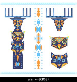 Vector illustration de totem tribal avec les chefs d'deer, Owl et le loup, animal d'icônes. Illustration de Vecteur