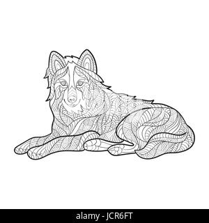 La main zentagle monochrome vecteur illustration de loup. Coloriage avec détails haute isolé sur fond blanc. Style Boho. Wolf séance. De Illustration de Vecteur