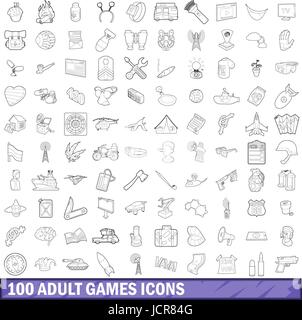 100 jeux adultes icons set style du contour, Illustration de Vecteur