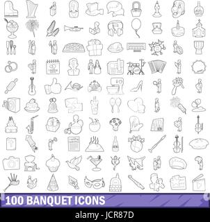 Banquet 100 icons set style du contour, Illustration de Vecteur