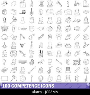 Compétence 100 icons set style du contour, Illustration de Vecteur