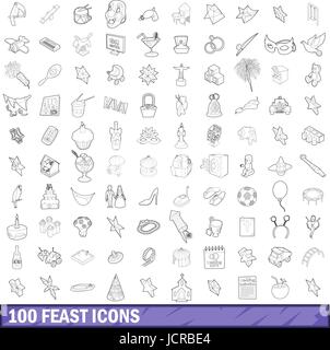 100 fête icons set style du contour, Illustration de Vecteur
