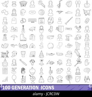 Génération 100 icons set style du contour, Illustration de Vecteur