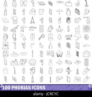 Les phobies 100 icons set style du contour, Illustration de Vecteur