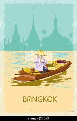 Femme vendeur dans le bateau sur le canal à Bangkok en Thaïlande pour accueillir les touristes - le pays du sourire. Poster rétro. Illustration de Vecteur