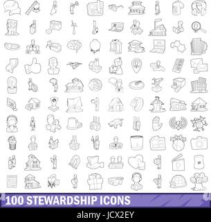 Intendance 100 icons set style du contour, Illustration de Vecteur