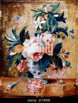 Jan van Huysum, un vase de Delft avec des fleurs. Circa 1730. Huile sur panneau. Dulwich Picture Gallery, Londres, Angleterre. Banque D'Images
