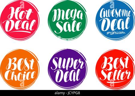 Vente ensemble de l'étiquette. Hot deal, meilleur choix, vendeur ou icône Symbole. Lettres manuscrites, calligraphie vector illustration Illustration de Vecteur