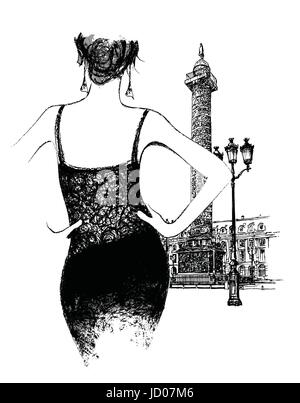 Jeune femme fashion model "Place Vendôme" à Paris - Vector illustration Illustration de Vecteur