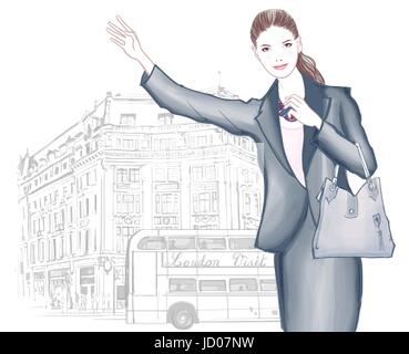 Jeune femme appelant taxi à Londres - vector illustration Illustration de Vecteur