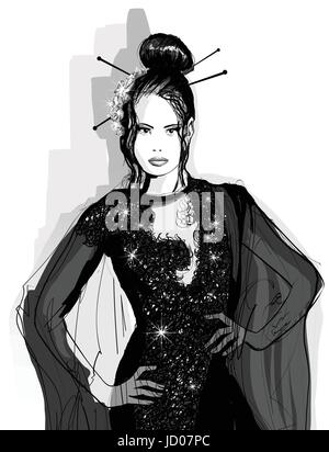 Fashion modèle asiatique en robe noire - Vector illustration Illustration de Vecteur