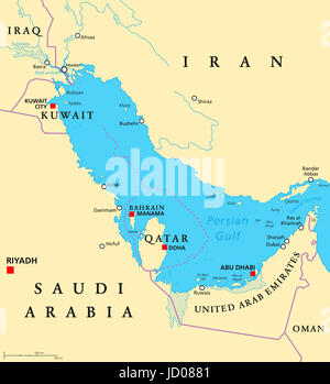 Région du Golfe persique carte politique du pays. L'Iran, Iraq, Koweït, Qatar, Bahreïn, Emirats arabes unis, Arabie saoudite, Oman. L'illustration. L'anglais. Banque D'Images