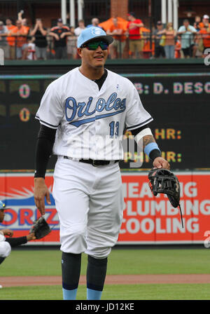 Baltimore, MD, USA. 17 Juin, 2017. Baltimore Orioles de troisième but Manny Machado (13) au cours de la St. Louis Cardinals vs Baltimore Orioles match au parc Orioles dans Camden Yards de Baltimore, MD. Baltimore a battu St Louis 15-7. Jen Hadsell/CSM/Alamy Live News Banque D'Images