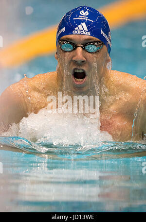 Berlin, Allemagne. 18 Juin, 2017. Champion du monde Marco Koch en action au cours de la Men's 200 mètres brasse au 129e Championnat de natation allemand à Berlin, Allemagne, 18 juin 2017. Les 27 ans de la natation et ses concurrents se préparent pour les Championnats du monde à Budapest en juillet. Photo : Jens Büttner/dpa-Zentralbild/dpa/Alamy Live News Banque D'Images