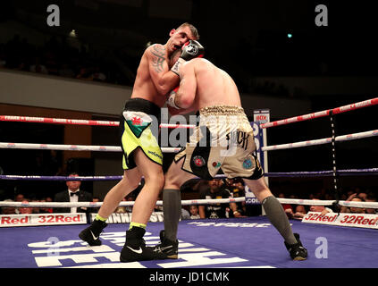 Craig Evans (à gauche) contre Stephen Ormond dans l'WBO Lightweight Championship match au Waterfront Hall de Belfast. Banque D'Images