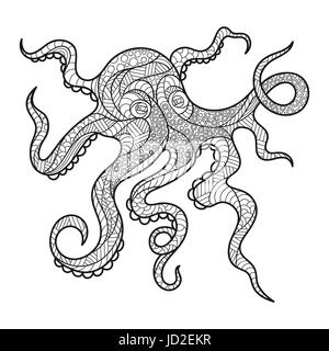 La main zentagle monochrome Vector illustration d'octopus. Coloriage avec détails haute isolé sur fond blanc. Style Boho. Design pour T- Illustration de Vecteur