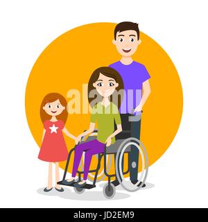 Vector illustration de personne handicapée avec la famille. Femme handicapée en fauteuil roulant. Illustration de Vecteur