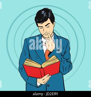 Vector hand drawn pop art illustration of businessman holding livre dans ses mains et la pensée. Style rétro. Signe dessiné à la main. Pour impression, nous Illustration de Vecteur