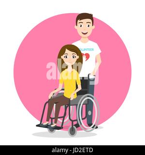 Vector illustration de jeune femme en fauteuil roulant. Bénévole est prise en charge pour personne handicapée. Illustration de Vecteur