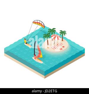 Vector illustration isométrique de planche à voile et kite surfer. L'île tropicale sur la mer. L'homme et la femme en vacances. Concept pour sport extrême. Illustration de Vecteur