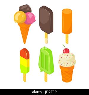 Style isométrique jeu de vecteur 3D colorée savoureuse crème glace icône. Isolé sur fond blanc. Illustration de Vecteur