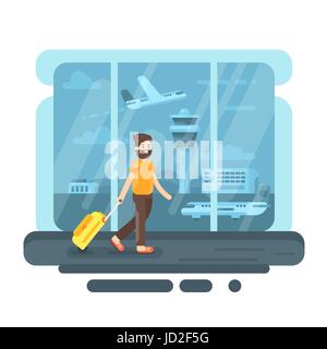 Télévision vecteur illustration de style homme barbu avec un sac à l'aéroport. Avion et tour de contrôle. Avion sur la piste. Illustration de Vecteur