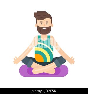 Vector illustration style plat de barbu faisant du yoga. Garçon en position du lotus. Isolé sur fond blanc. Illustration de Vecteur