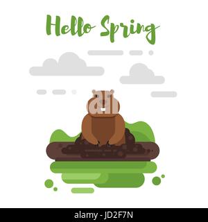 Vector illustration style plat de Marmot. Pour l'icône web. Isolé sur fond blanc. Le jour de la marmotte. Titre 'Bonjour' de printemps Illustration de Vecteur