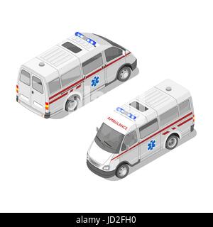 Vector illustration 3D isométrique réaliste de l'ambulance. Vue avant et arrière. Isolé sur fond blanc. Illustration de Vecteur