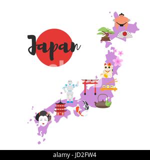 Vector illustration style plat du Japon carte avec symboles culturels nationaux japonais. Isolé sur fond blanc. Illustration de Vecteur