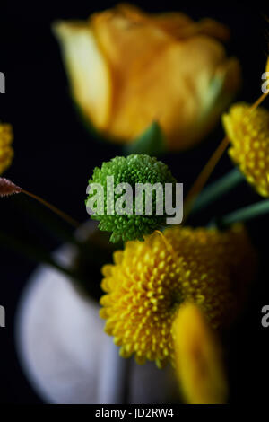 Un petit arrangement de fleurs sur fond noir.vert et jaune pâle. Chrysanthème, rose, des grains Banque D'Images